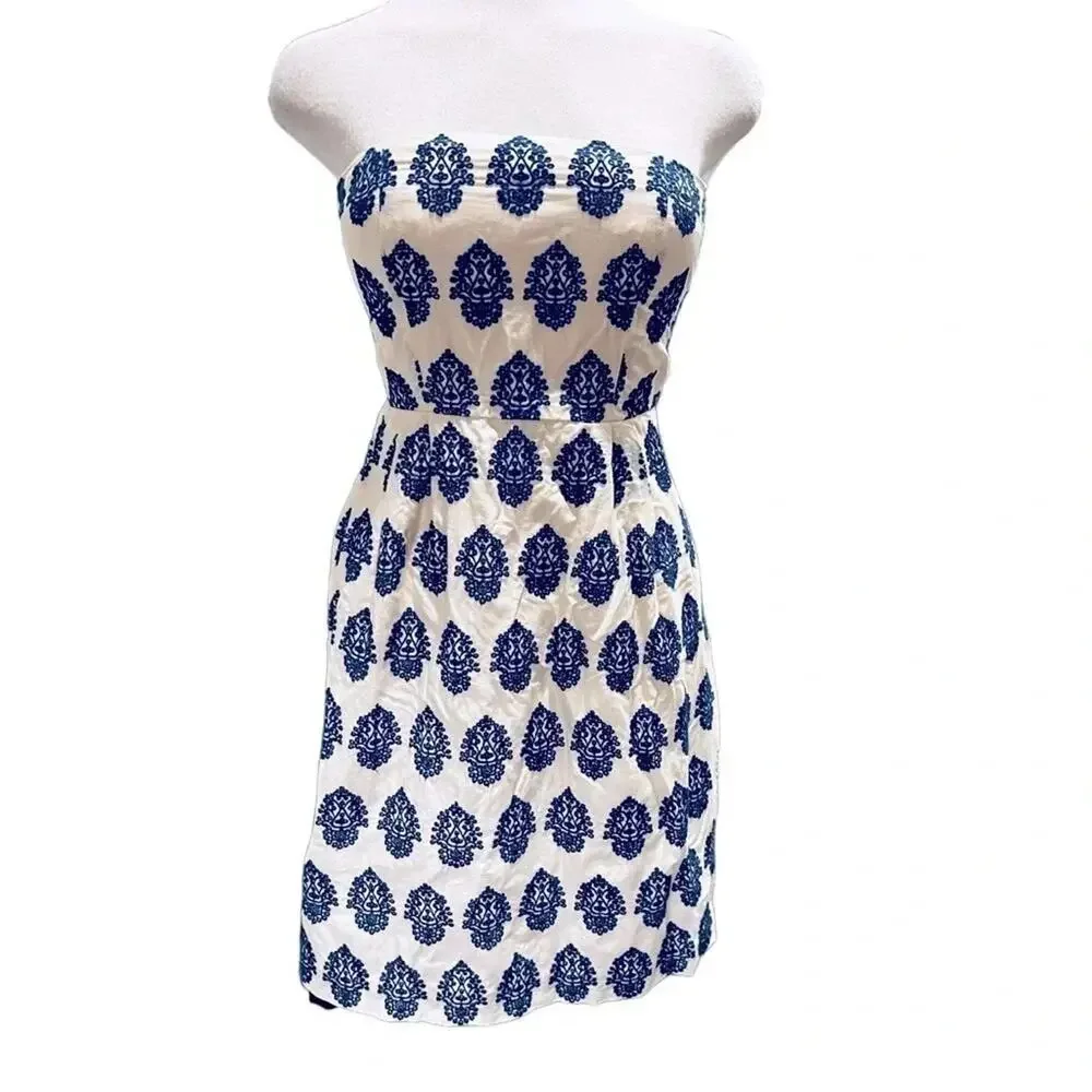 J. CREW FILIGREE-EMBROIDERED-STRAPLESS BEACH DRESS IVORY/BLUE SIZE 2
